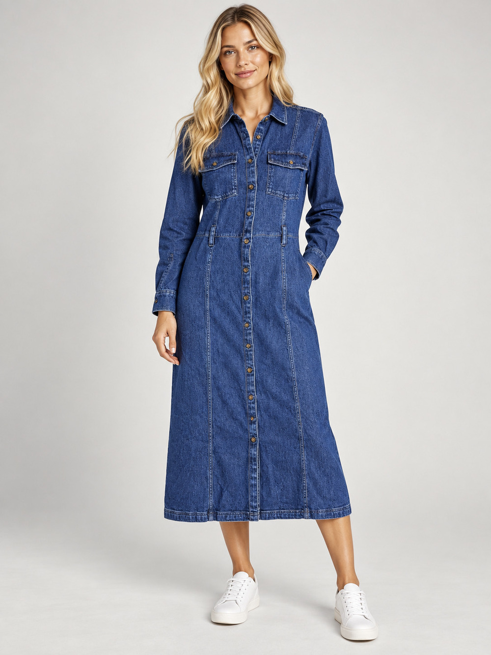 Lands' End Denim Midi Shirt Dress Blue Long Sleeve M #A4859